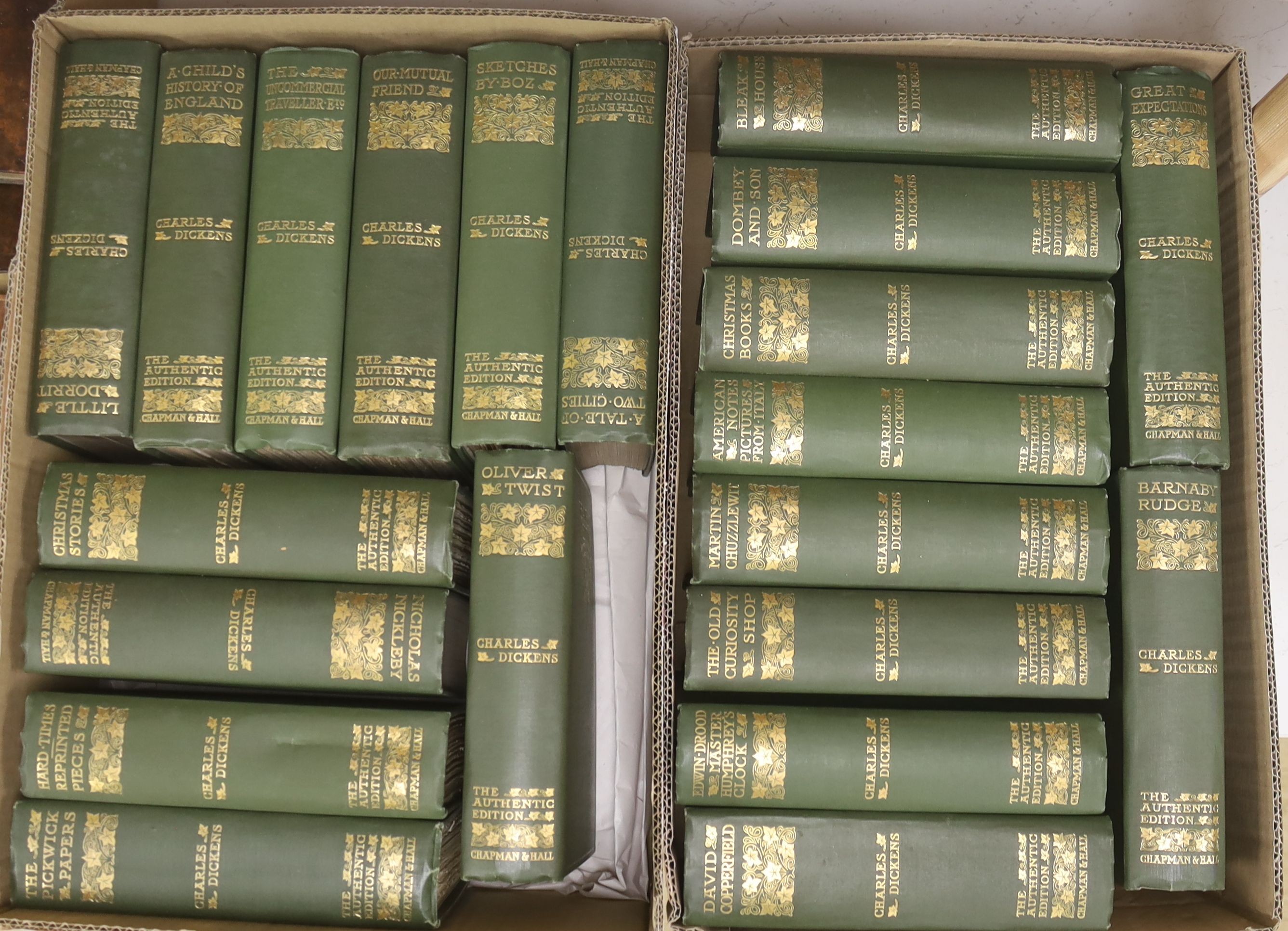 Dickens, Charles - Works, - Authentic Edition, 21 vols, 8vo, green cloth gilt, Chapman and Hall, London, 1901-[06]